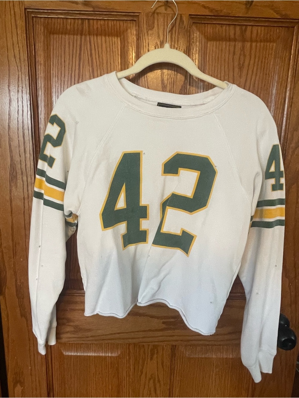 Free People White Long-Sleeve Football Jersey with Green & Yellow 42